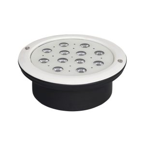 نمای روبرو چراغ استخری توکار Emax تک رنگ 12 وات مخصوص استخرها و آبنما و حوض با قاب بتونی
